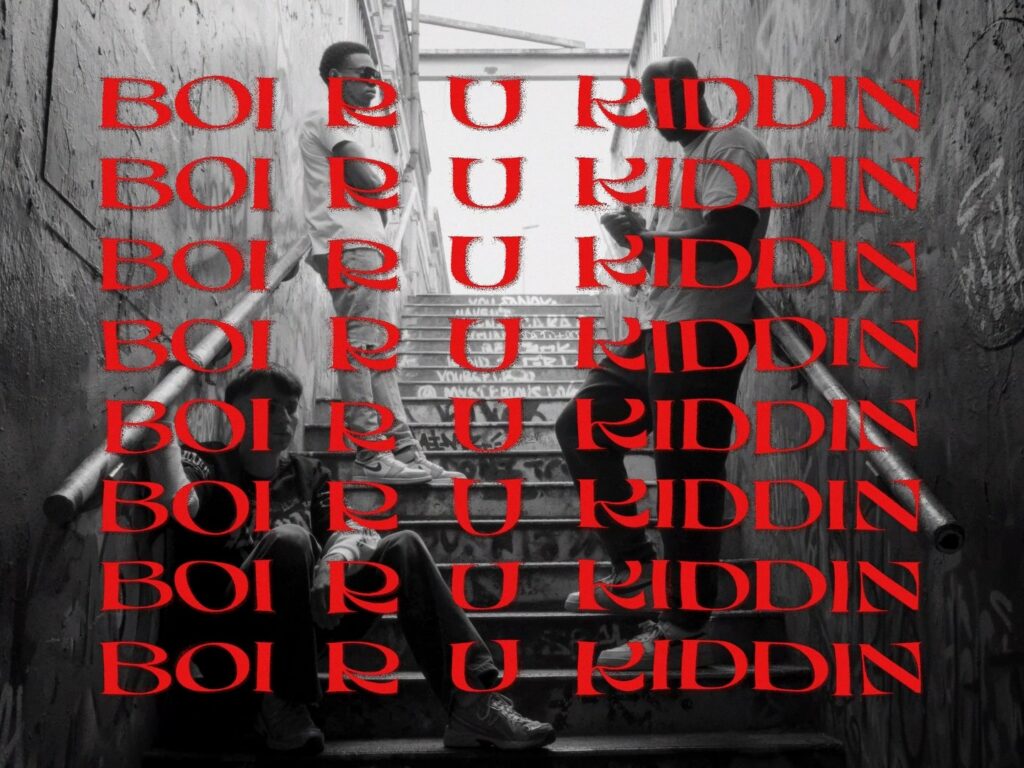CHRLEE 'boi r u kiddin' title card, three men on a graffiti stairwell with the title repeated in red