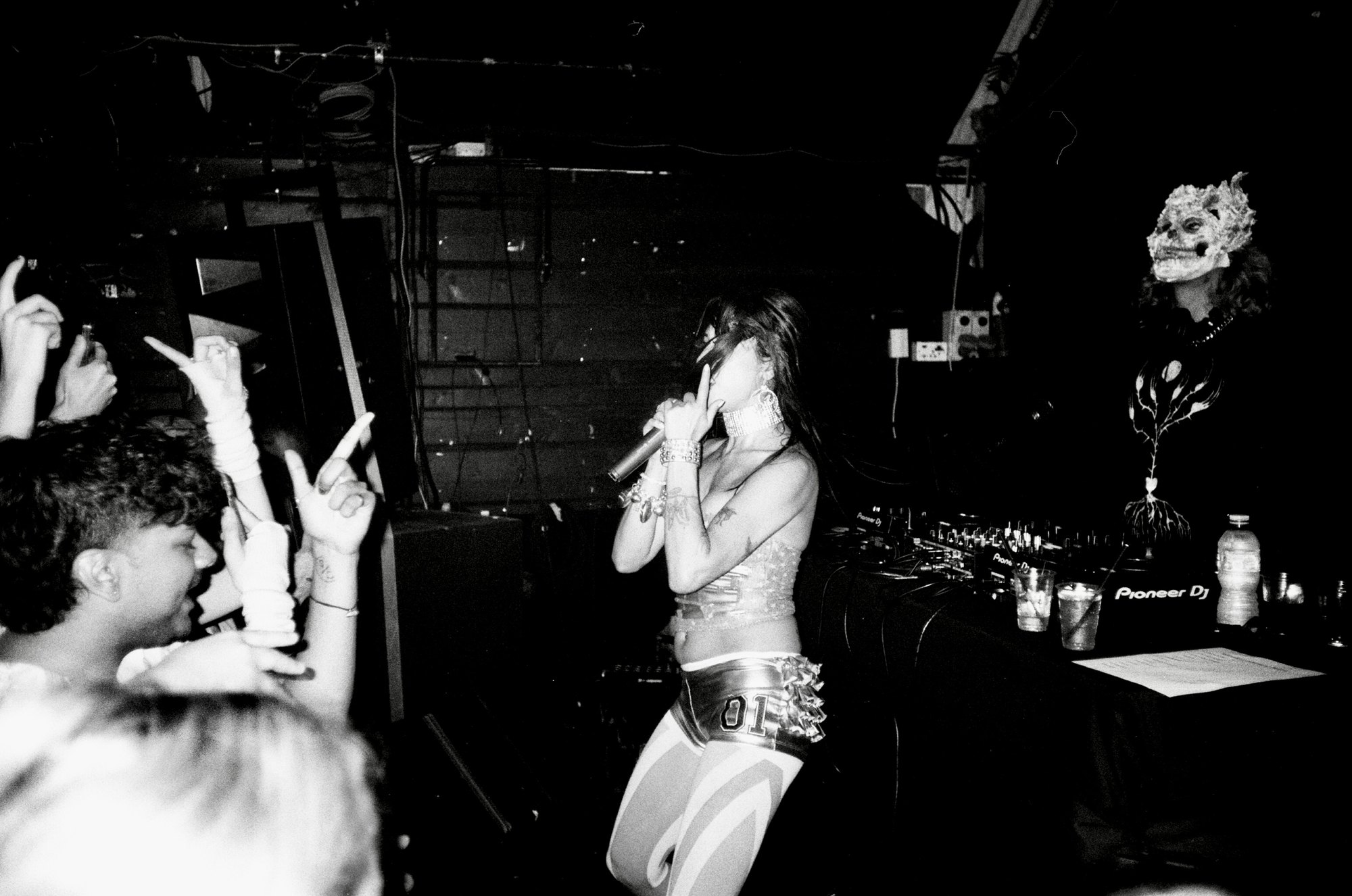 Isabella Lovestory performing to the crowd, masked DJ at the decks